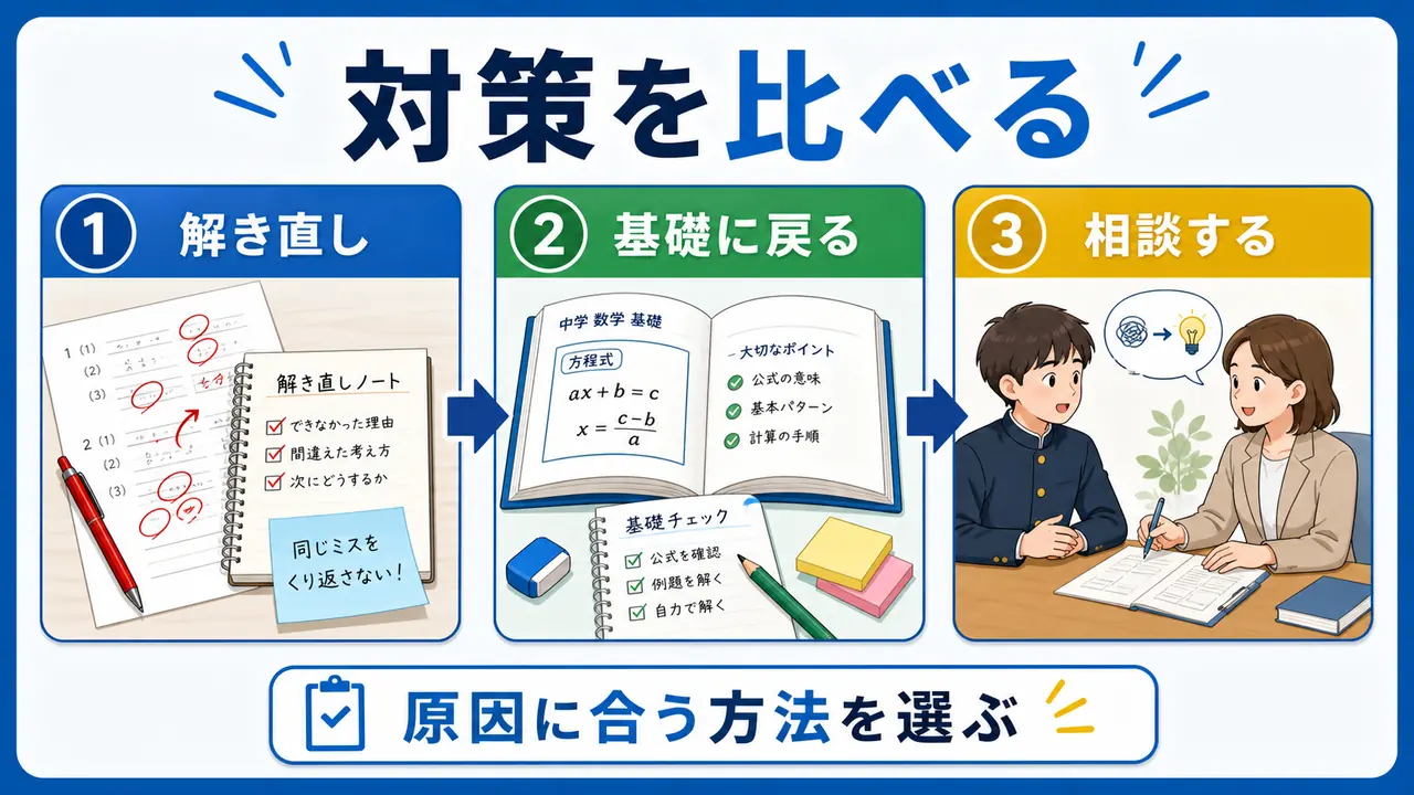 模試後の対策を解き直し、基礎戻り、相談に分けて比較する図