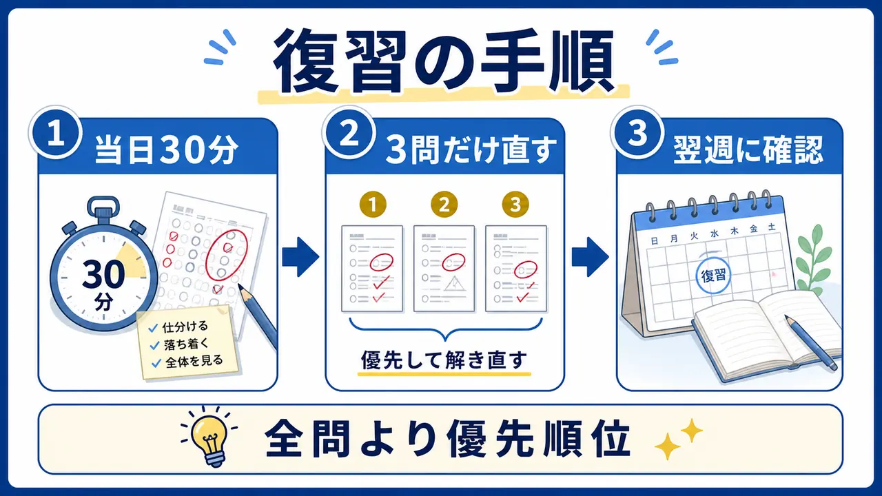 模試後に当日30分で仕分けし翌週に3問を直す手順を示す図