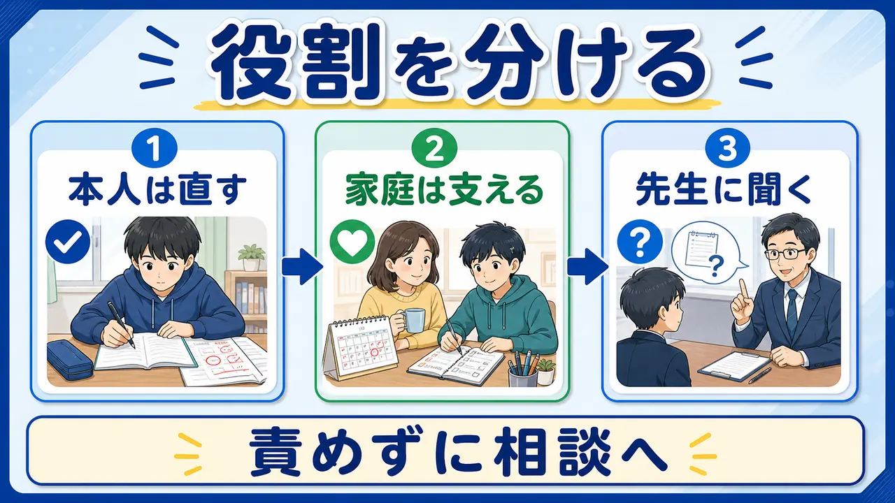 模試後に本人、家庭、先生の役割を分けて相談する図