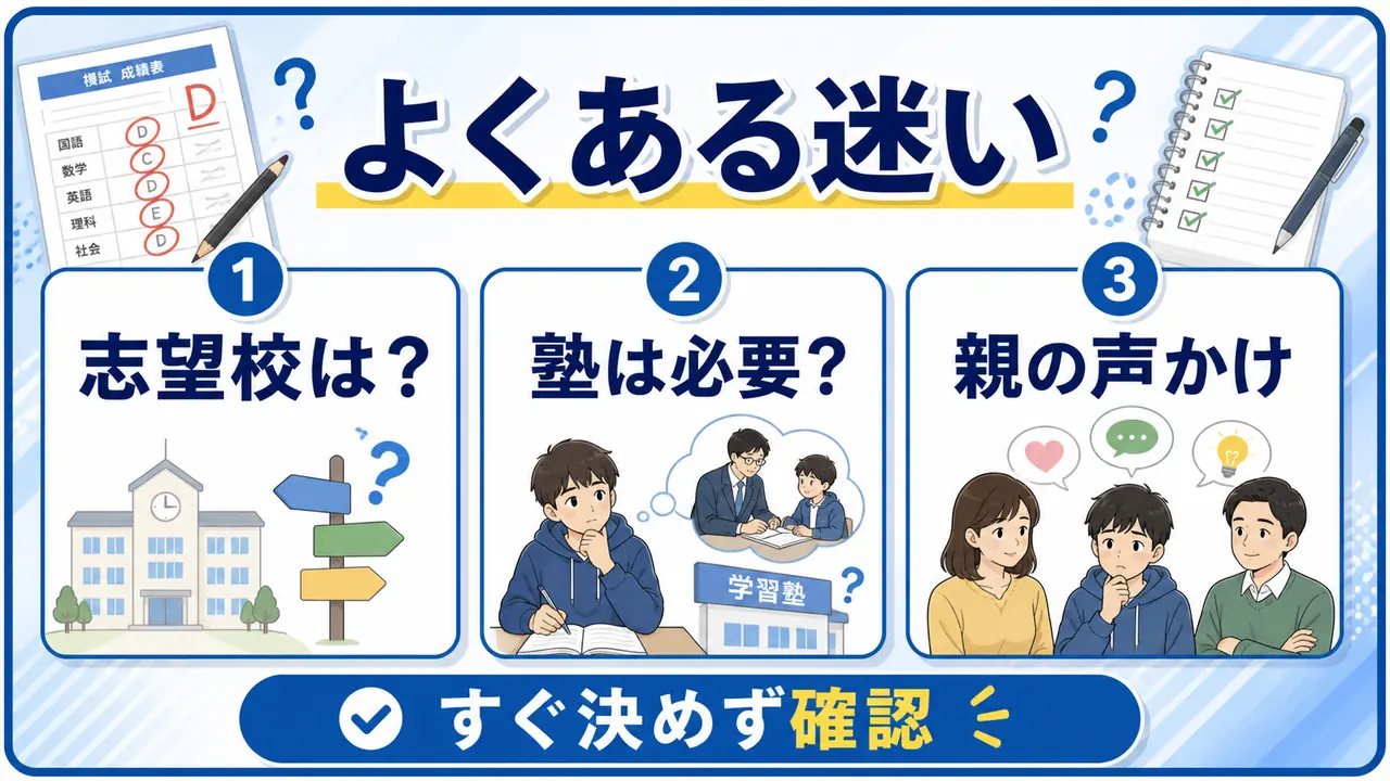 模試後の志望校、塾、復習量、親の声かけに関するよくある迷いを示す図