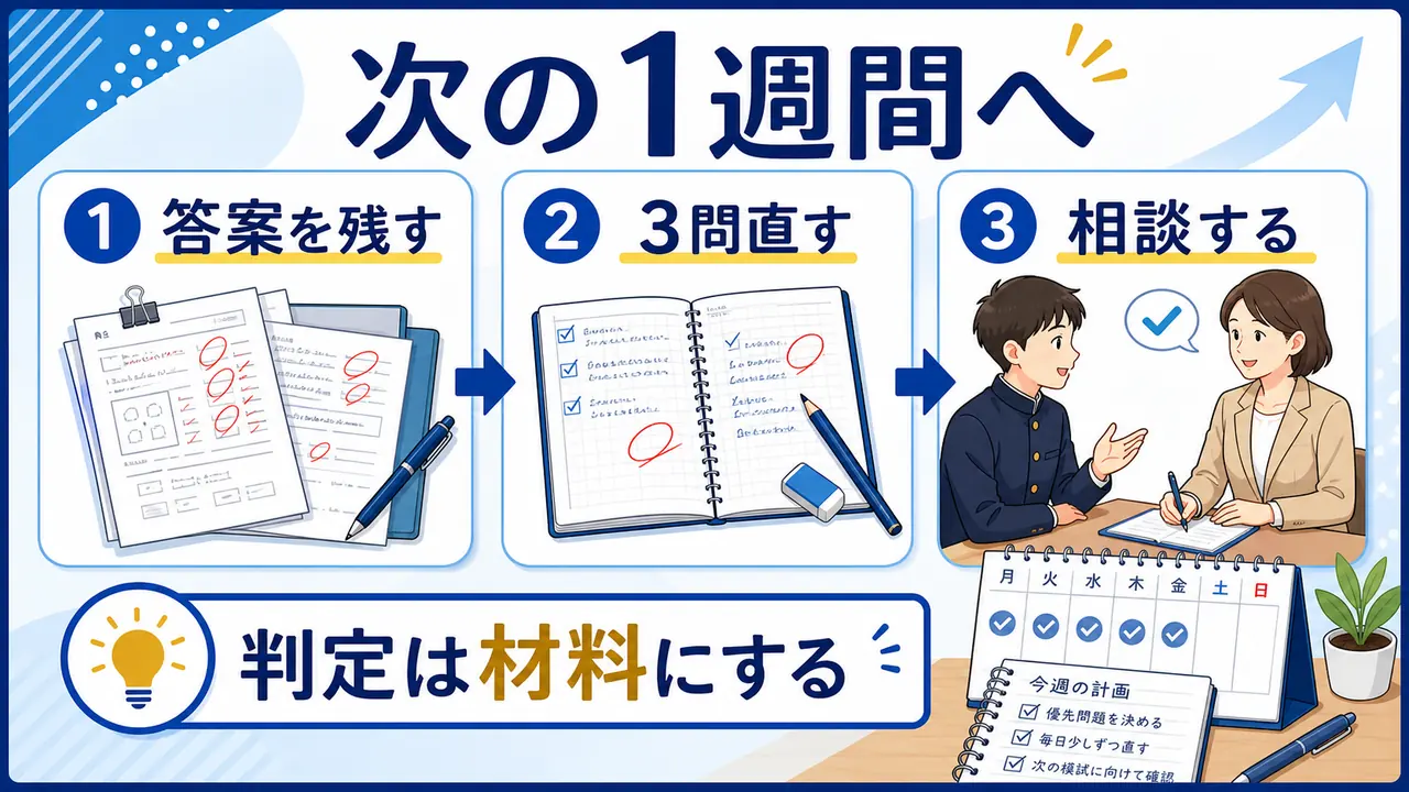 模試の答案を残し3問直して相談する次の1週間の流れを示す図
