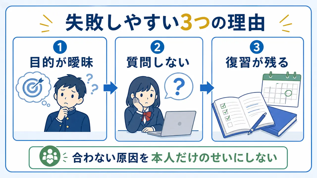 オンライン塾で失敗しやすい理由を目的、質問、復習に分けて整理する図