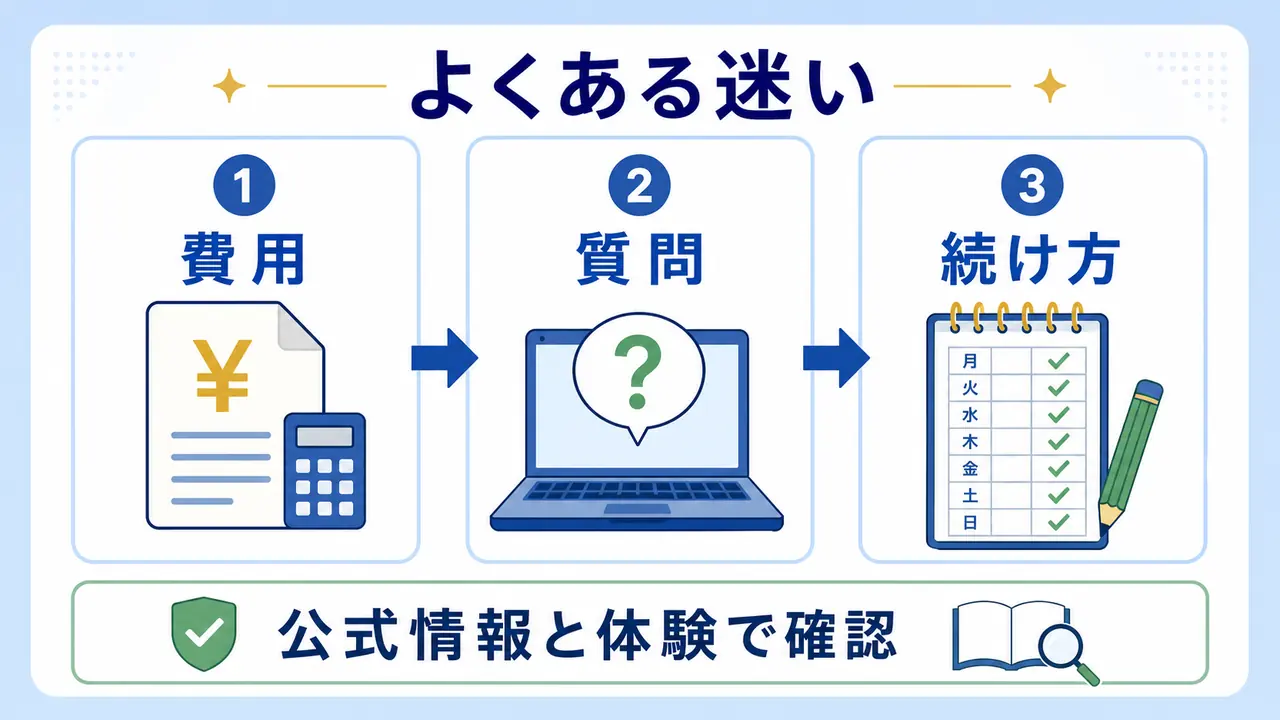オンライン塾でよくある迷いを費用、質問、続け方に分けて整理する図