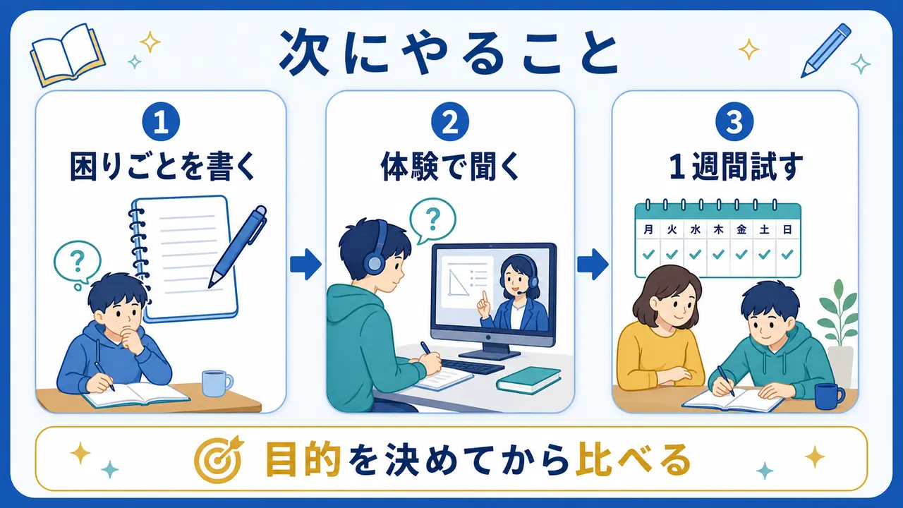 オンライン塾を試す前に困りごとを書き、体験で聞き、1週間試す流れを示す図