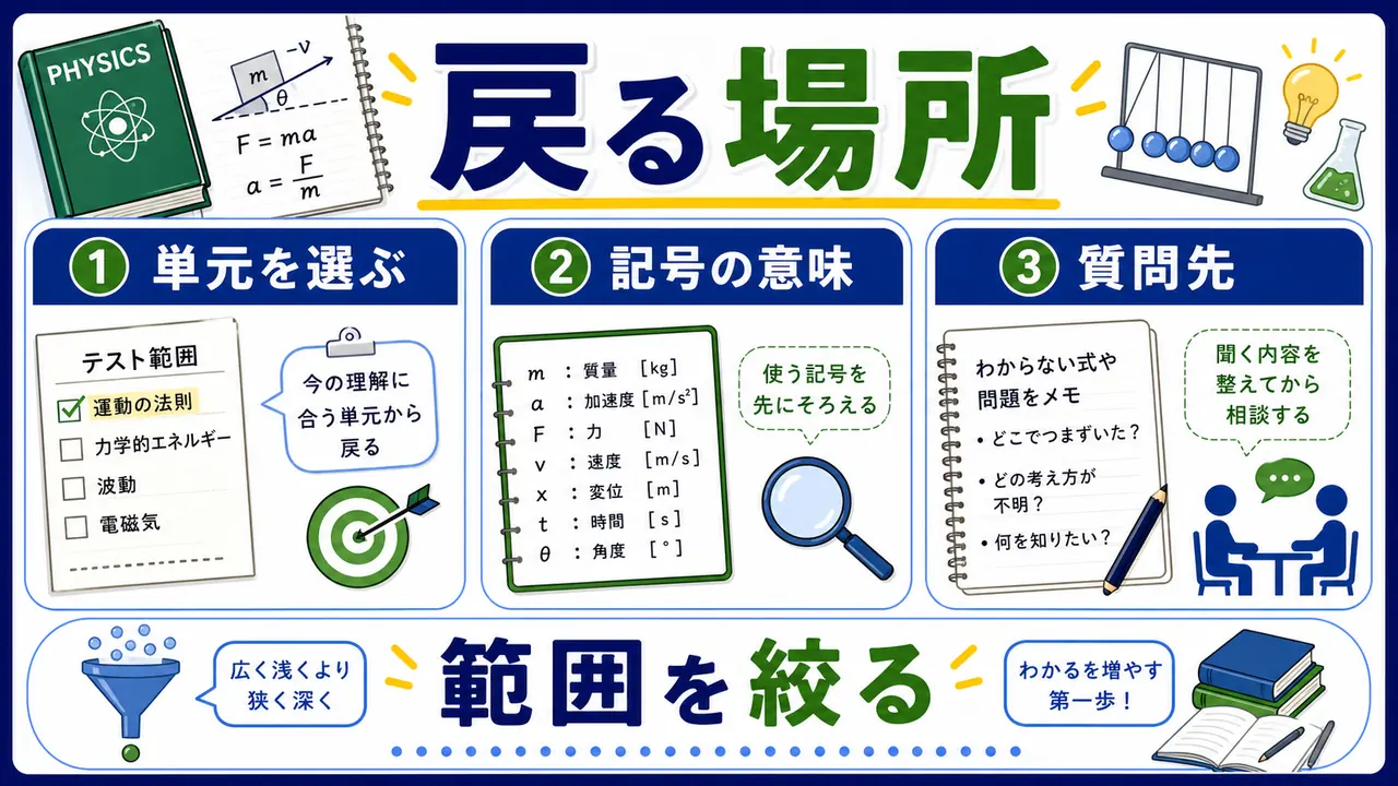 単元、授業ノート、問題集、テスト範囲を確認する図