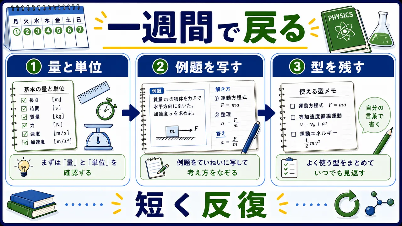 物理の基本問題へ一週間で戻るステップ図