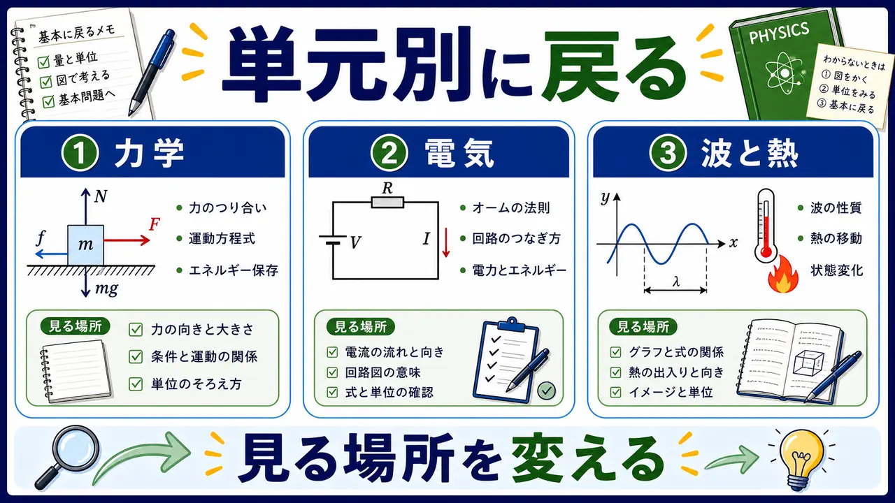 力学、電気、波、熱のケースを整理する図