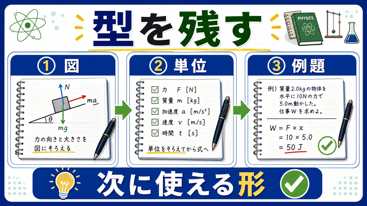物理の公式を使えた型をノートに残すまとめ図