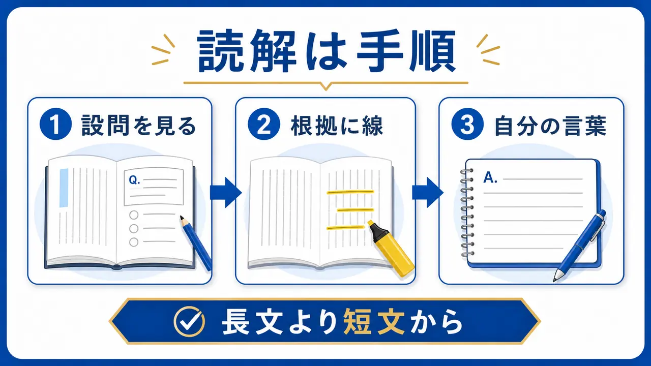 読解は設問、根拠、自分の言葉の手順で戻せることを示す図