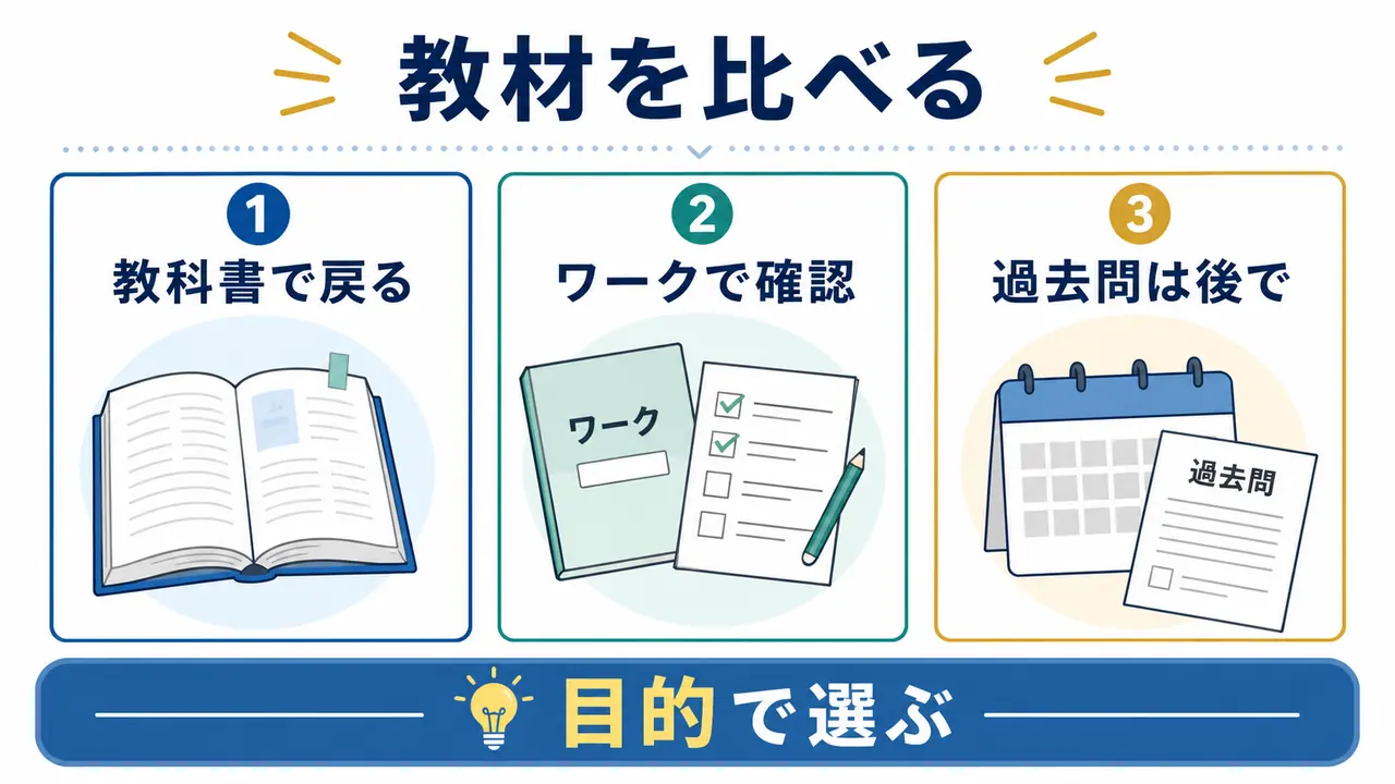 教科書、学校ワーク、過去問など読解教材の使い分けを示す図