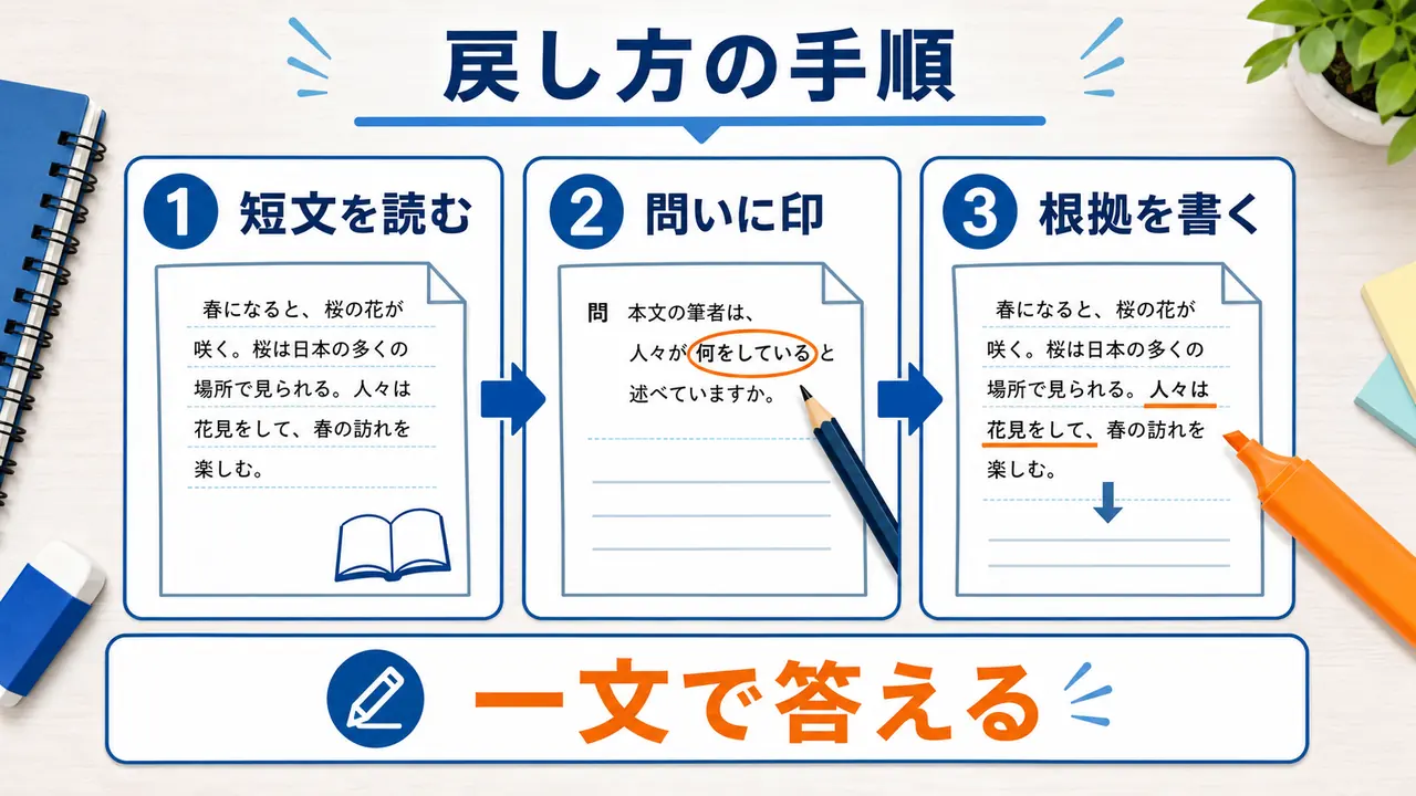 短文、問い、根拠を使って読解を戻す手順を示す図