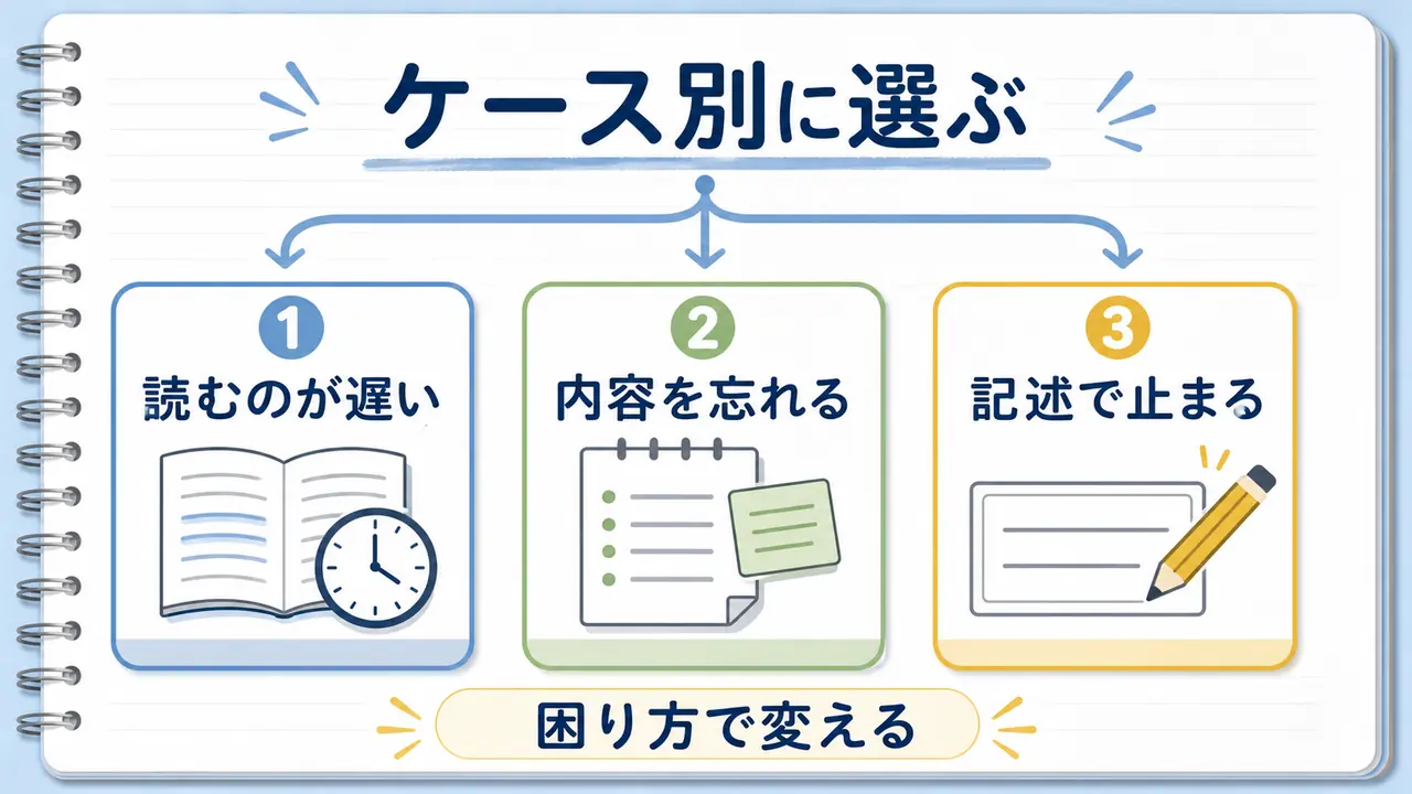 読むのが遅い、内容を忘れる、記述で止まるなどケース別の戻し方を示す図