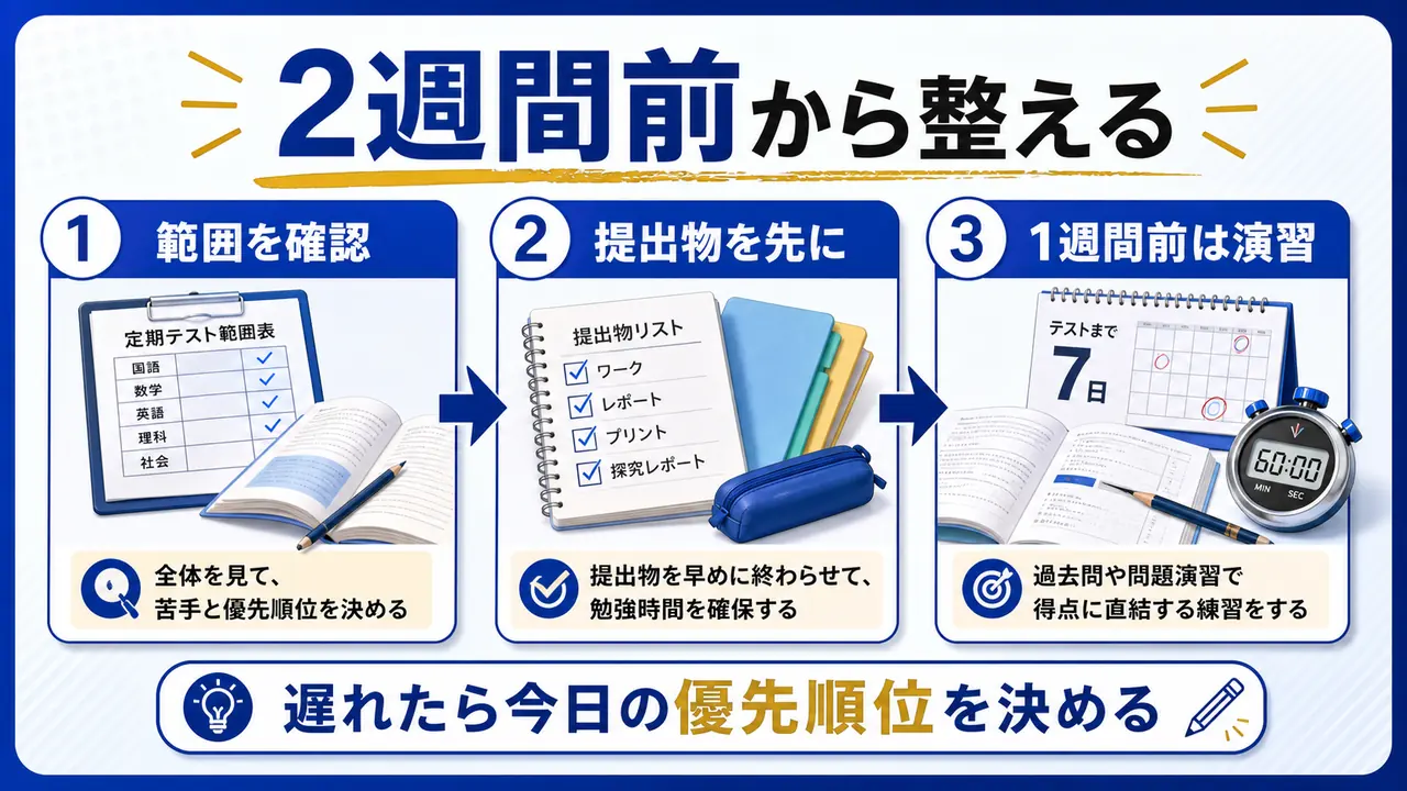 定期テスト勉強を2週間前から始め、範囲確認、提出物、演習へ進む流れを示した図