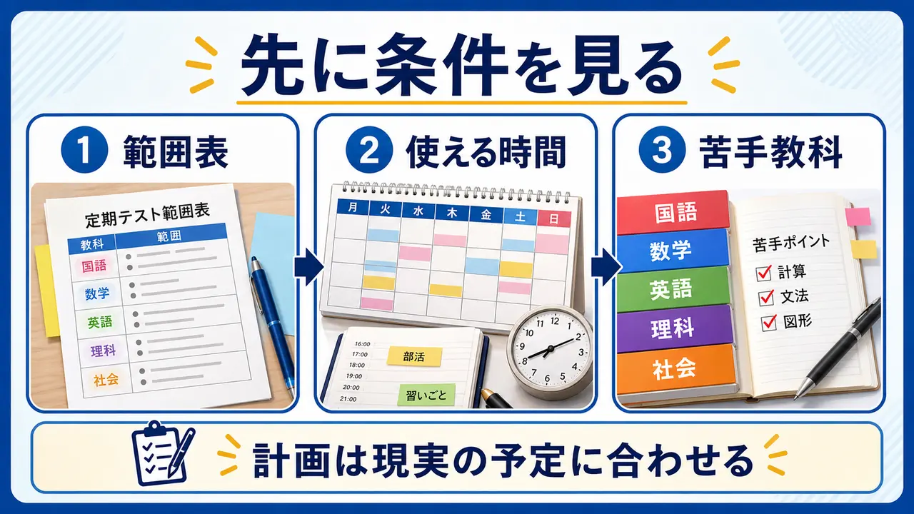 定期テスト計画の前に、範囲表、使える時間、苦手教科を確認する図
