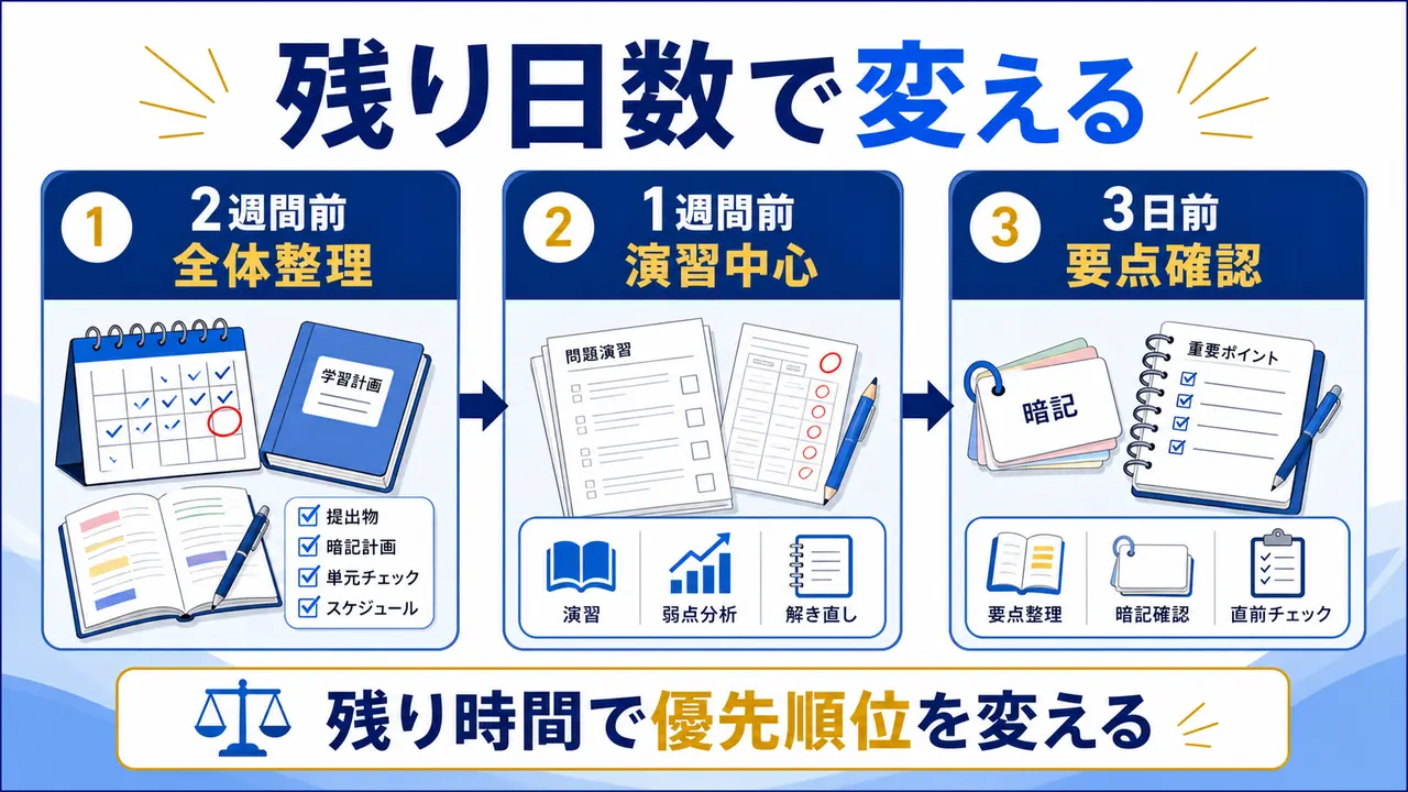 2週間前、1週間前、3日前で定期テスト勉強の優先順位を変える図