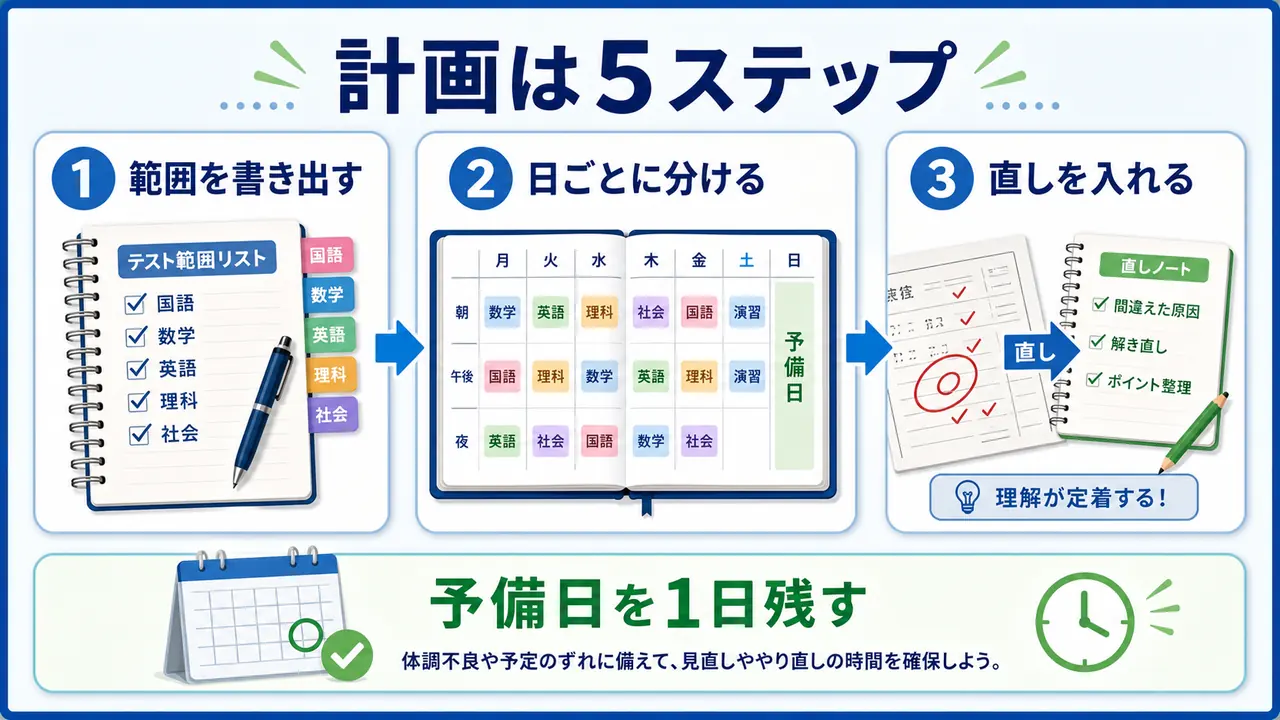 定期テスト計画を、範囲の書き出し、日ごとの分割、直しの順で作る図