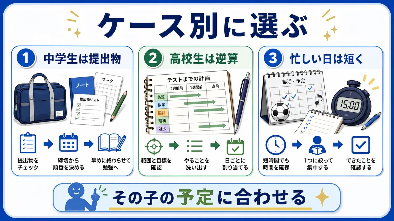 中学生、高校生、忙しい日の定期テスト勉強の始め方を分ける図