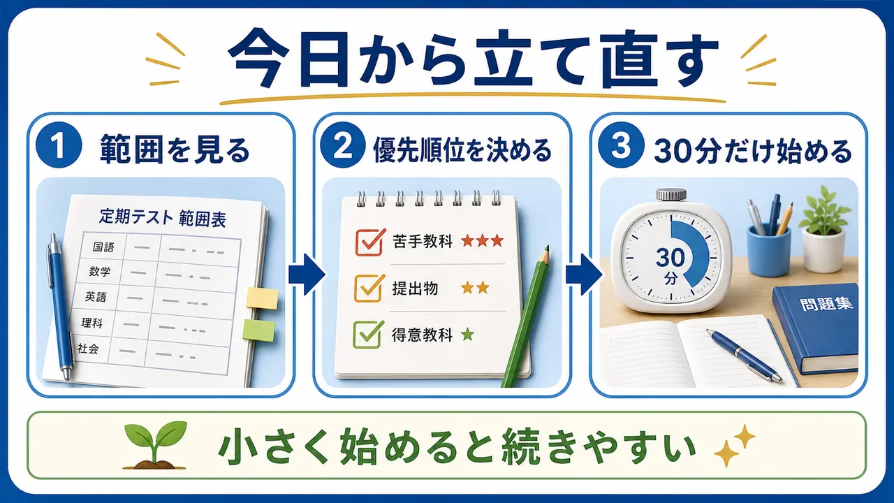 定期テスト勉強を今日から立て直すために、範囲、優先順位、30分の行動を決める図