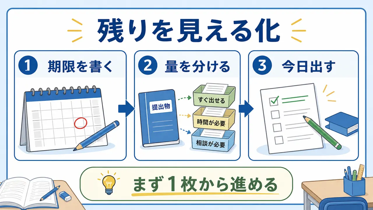 提出物の残りを期限、量、今日出すものに分けて見える化する流れ