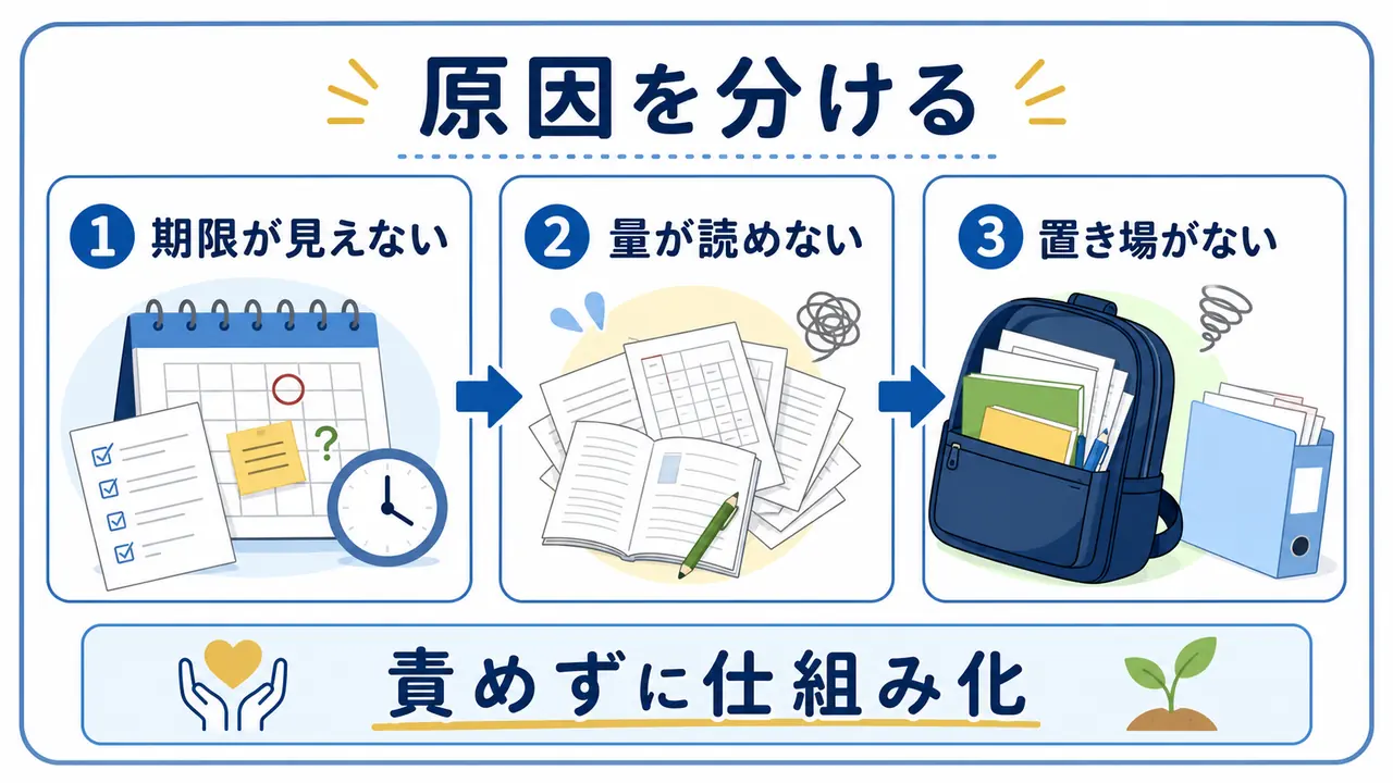 提出物が間に合わない理由を期限、量、置き場所に分けて整理する図