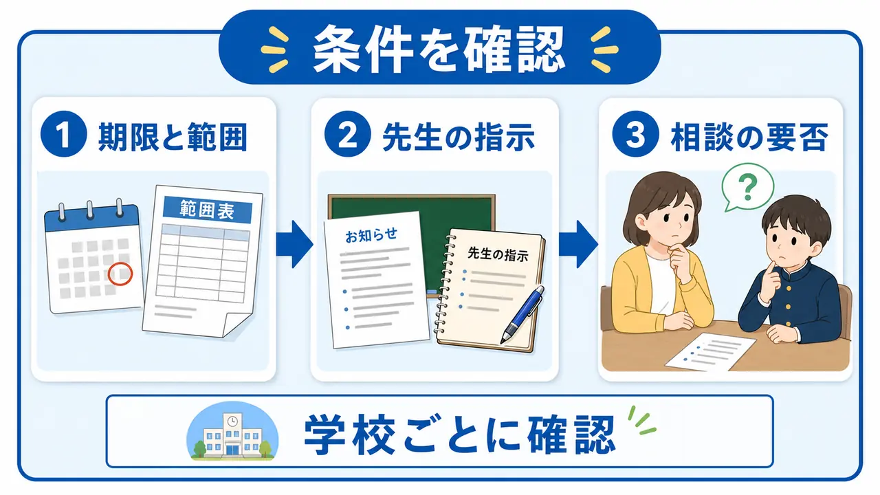 提出物の期限、範囲、先生の指示、相談の必要性を確認する図