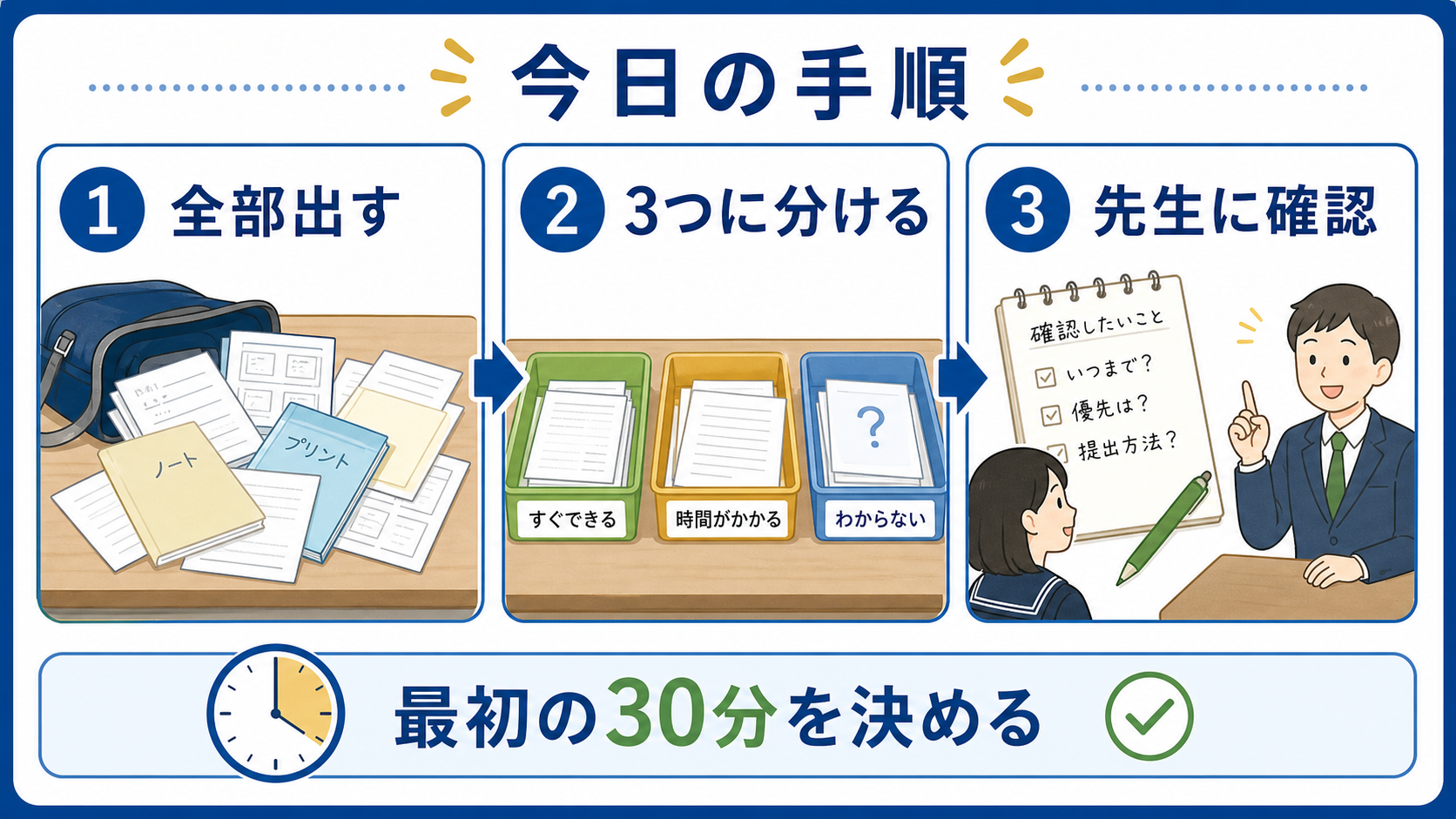 提出物を全部出し、3つに分け、先生に確認する手順を示す図