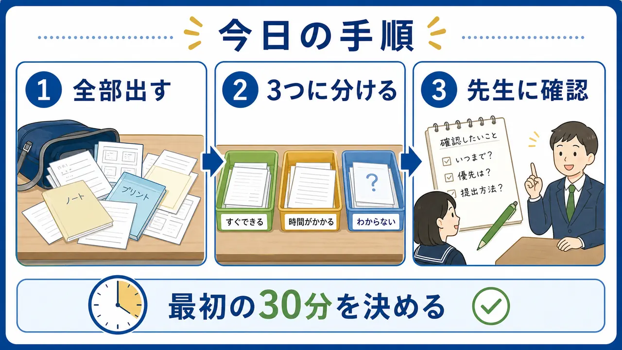 提出物を全部出し、3つに分け、先生に確認する手順を示す図