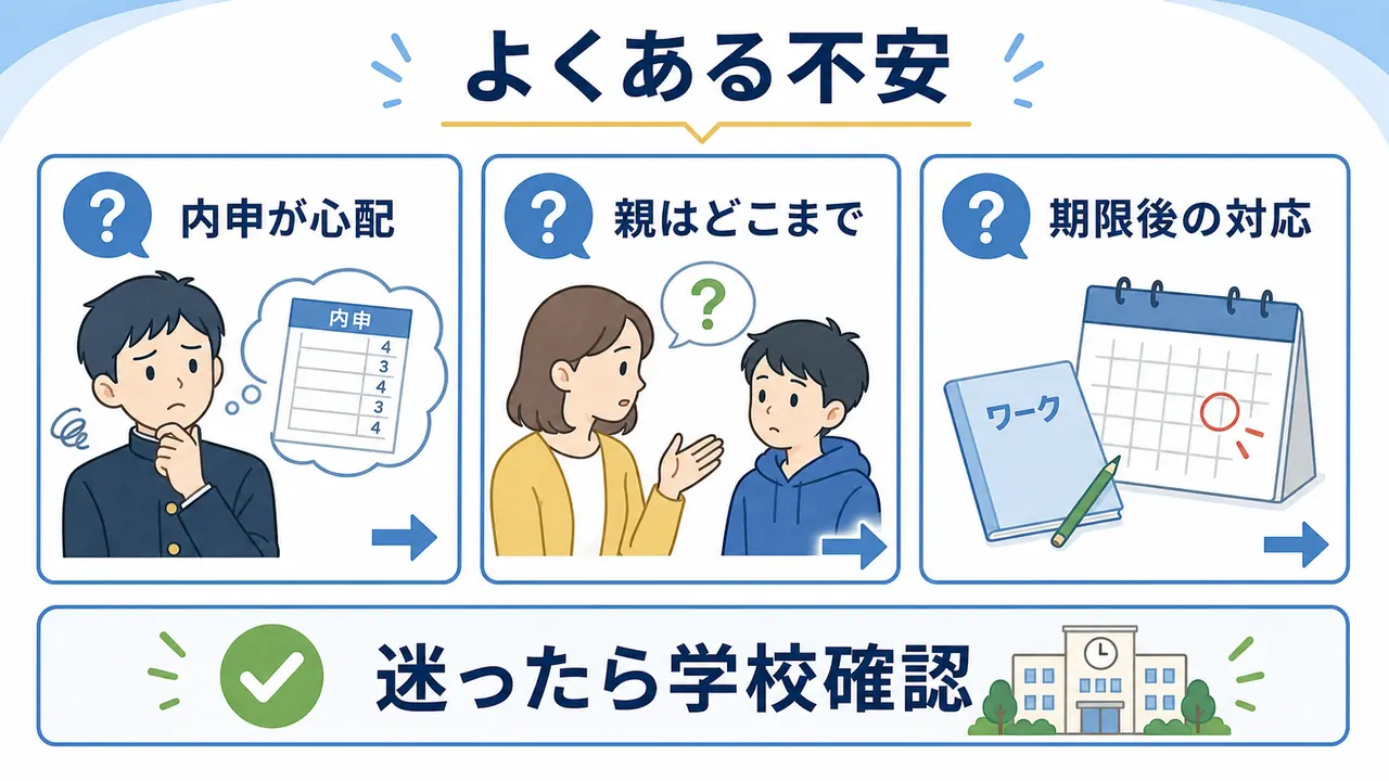 提出物の内申、親の関わり、期限後の対応に関するよくある不安を示す図