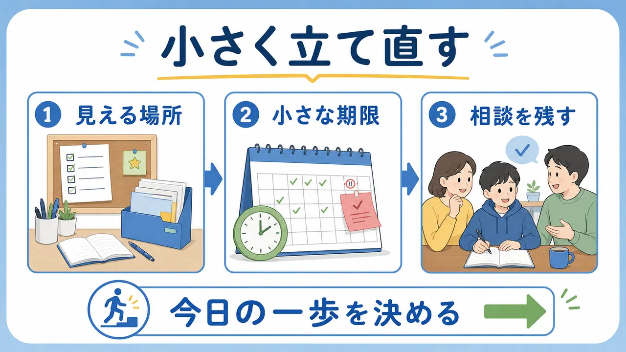 提出物を見える場所、小さな期限、相談の準備で立て直すまとめ図