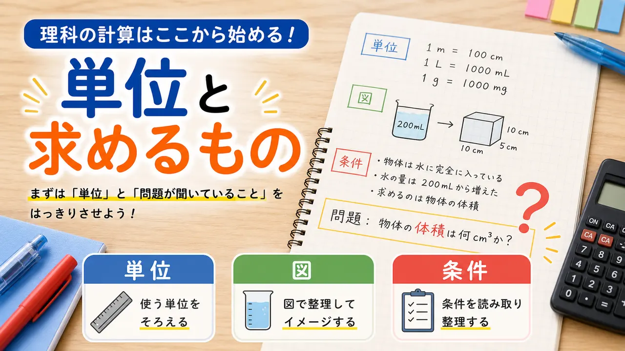 理科計算で単位と求める値を書き出す流れを示す図