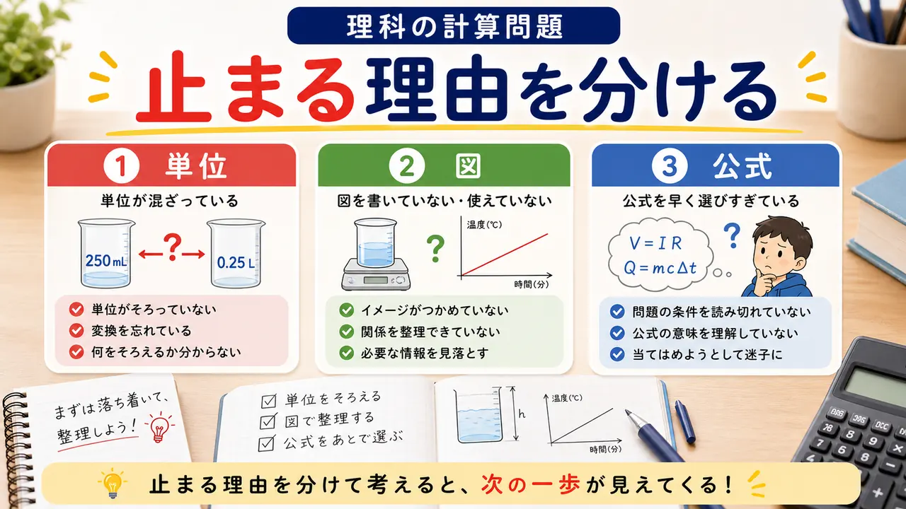 単位、公式、図表、途中式のつまずきを分ける図