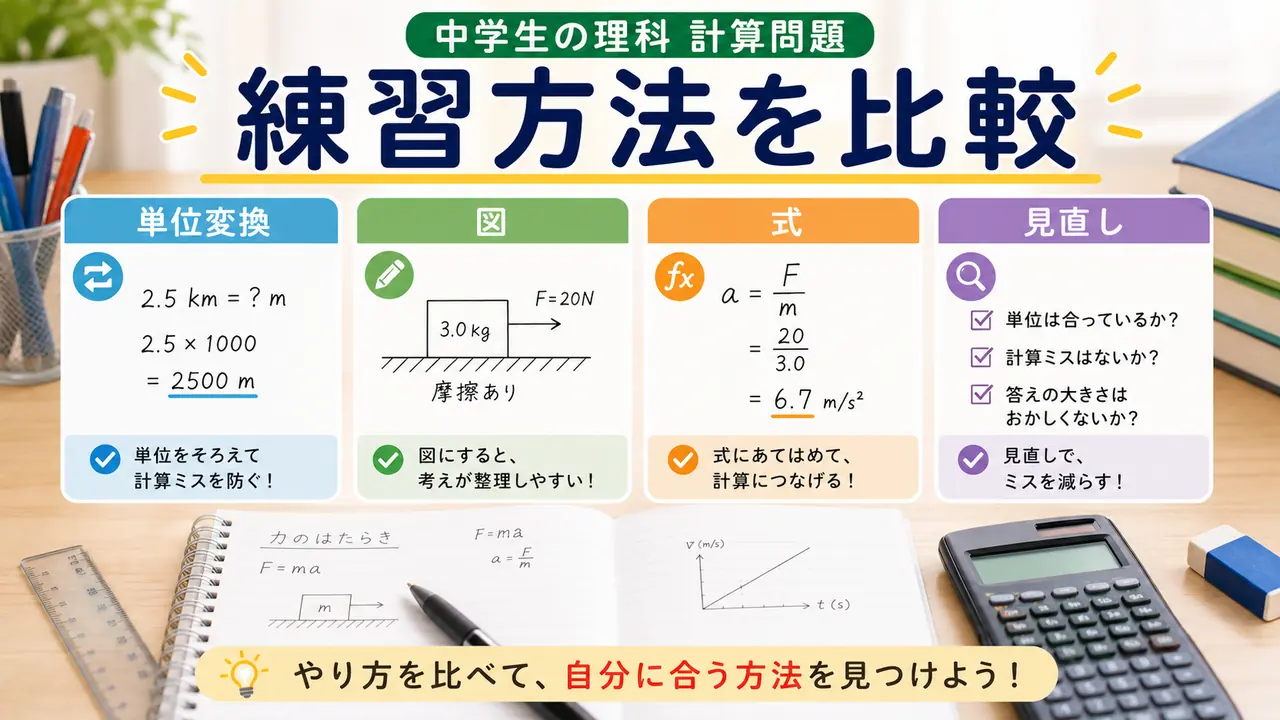 公式確認、単位変換、図表読み、類題演習を比べる図