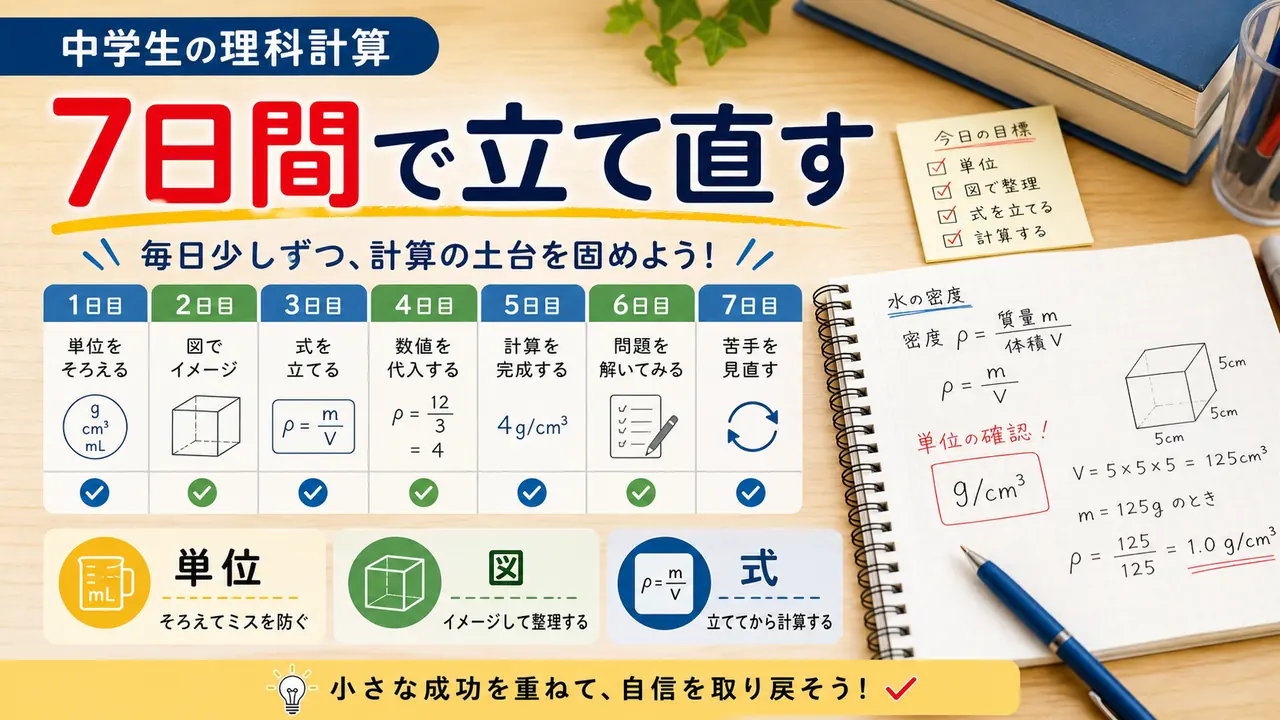 理科計算を7日間で単位から戻す手順図