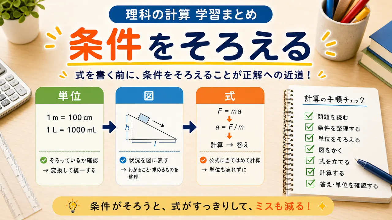 理科計算で単位、値、式をそろえるまとめ図