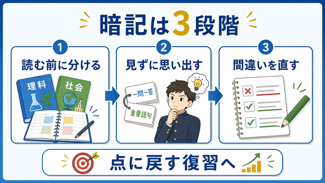 理科・社会の暗記を読む前に分ける、見ずに思い出す、間違いを直すの3段階で示す図
