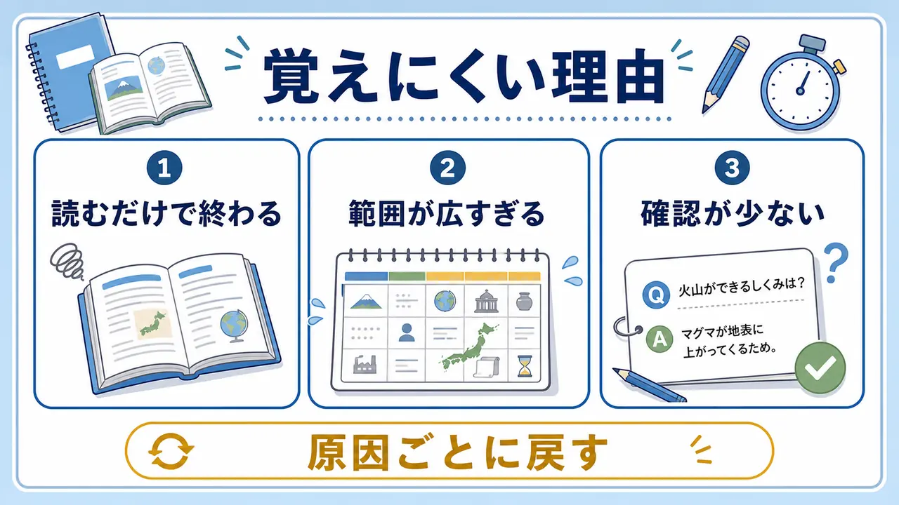 理科・社会が覚えにくい理由を読むだけで終わる、範囲が広すぎる、確認が少ないに分けた図
