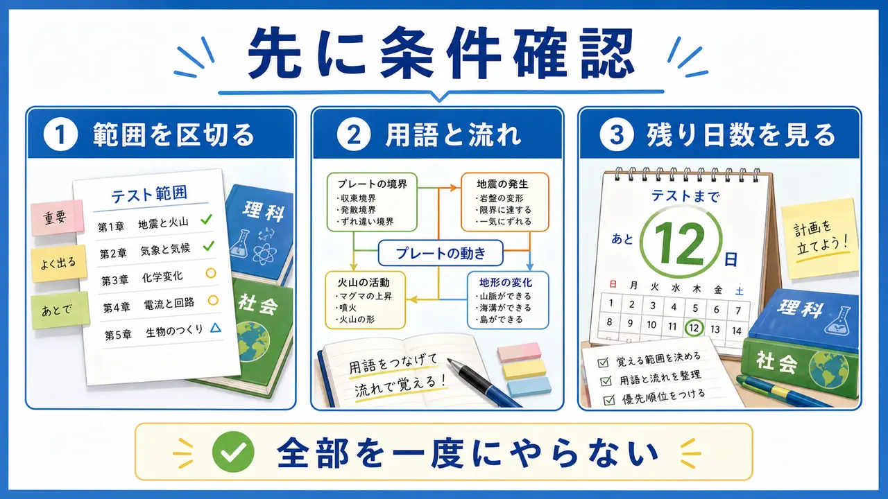 暗記方法を決める前に範囲、用語と流れ、残り日数を確認する図