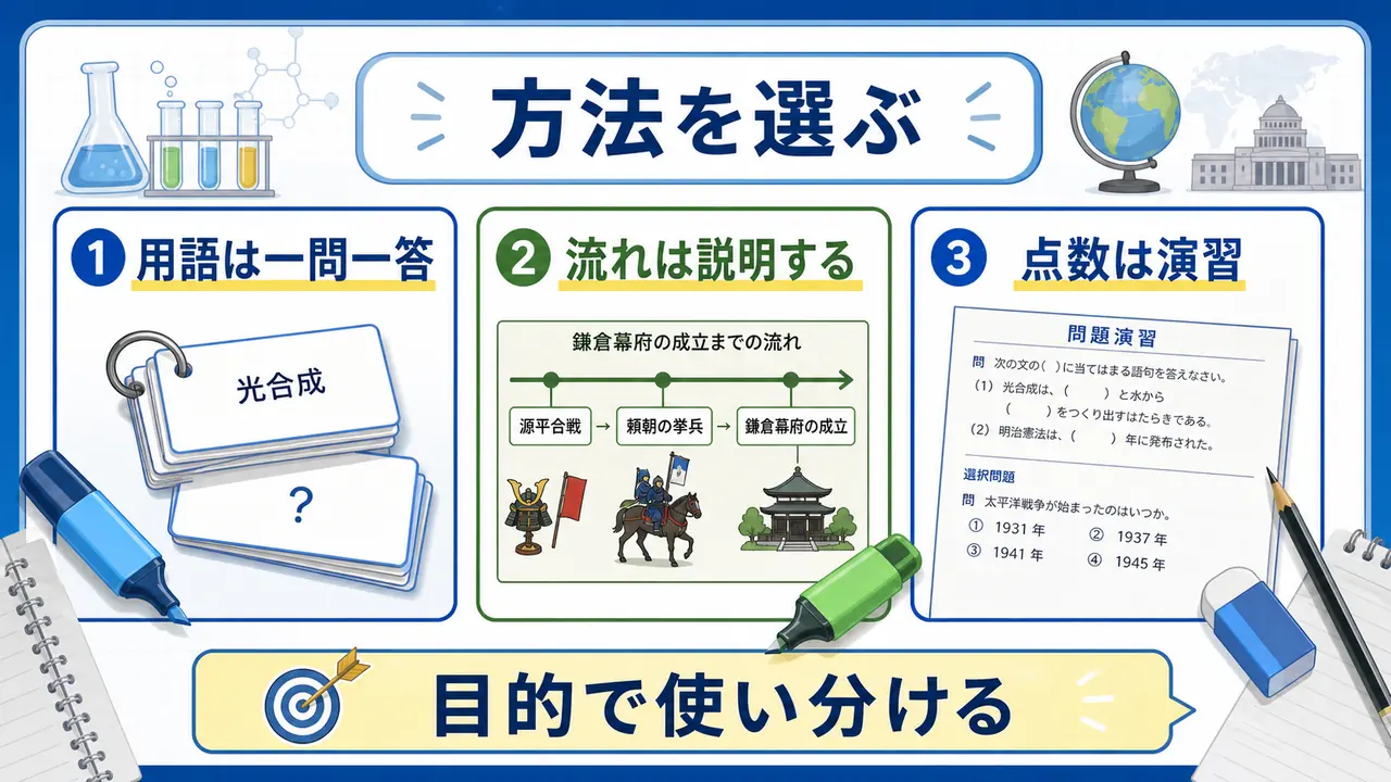 理科・社会の暗記方法を一問一答、流れの説明、問題演習で使い分ける図