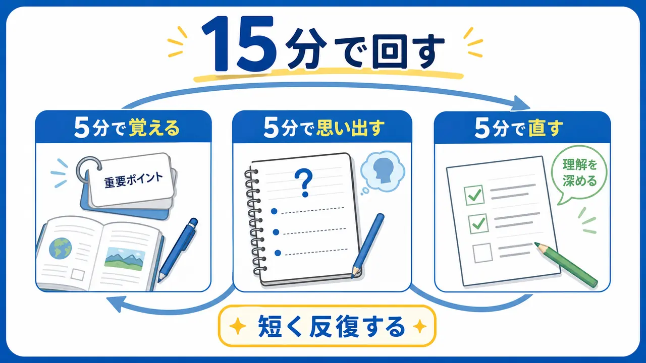 15分で覚える、思い出す、直すを短く反復する復習手順の図