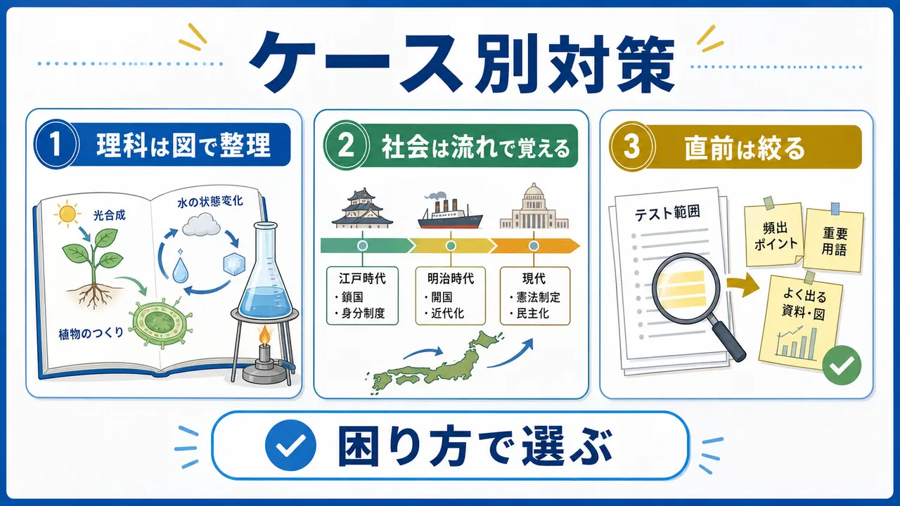 理科は図、社会は流れ、直前期は範囲を絞るケース別対策の図