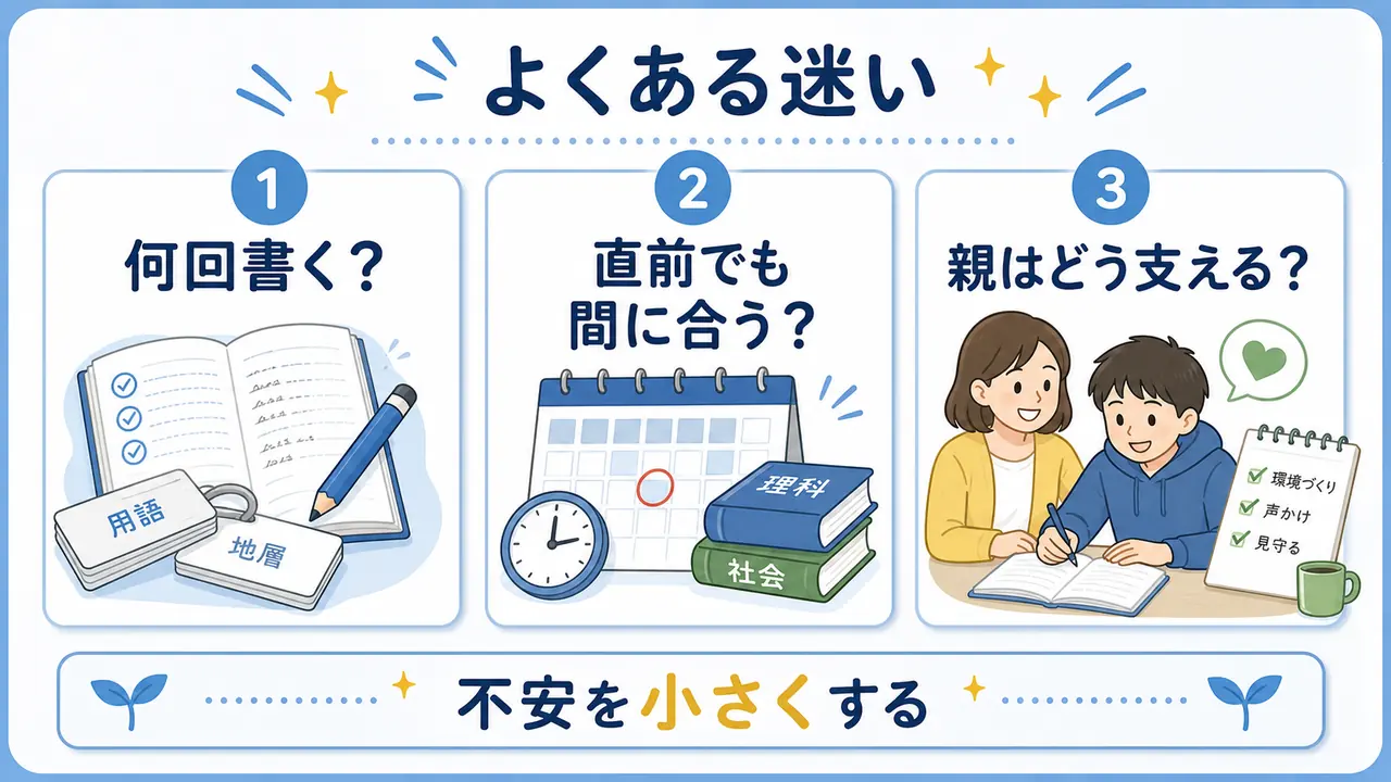 理科・社会の暗記でよくある迷いを何回書くか、直前でも間に合うか、親の支え方に分けた図