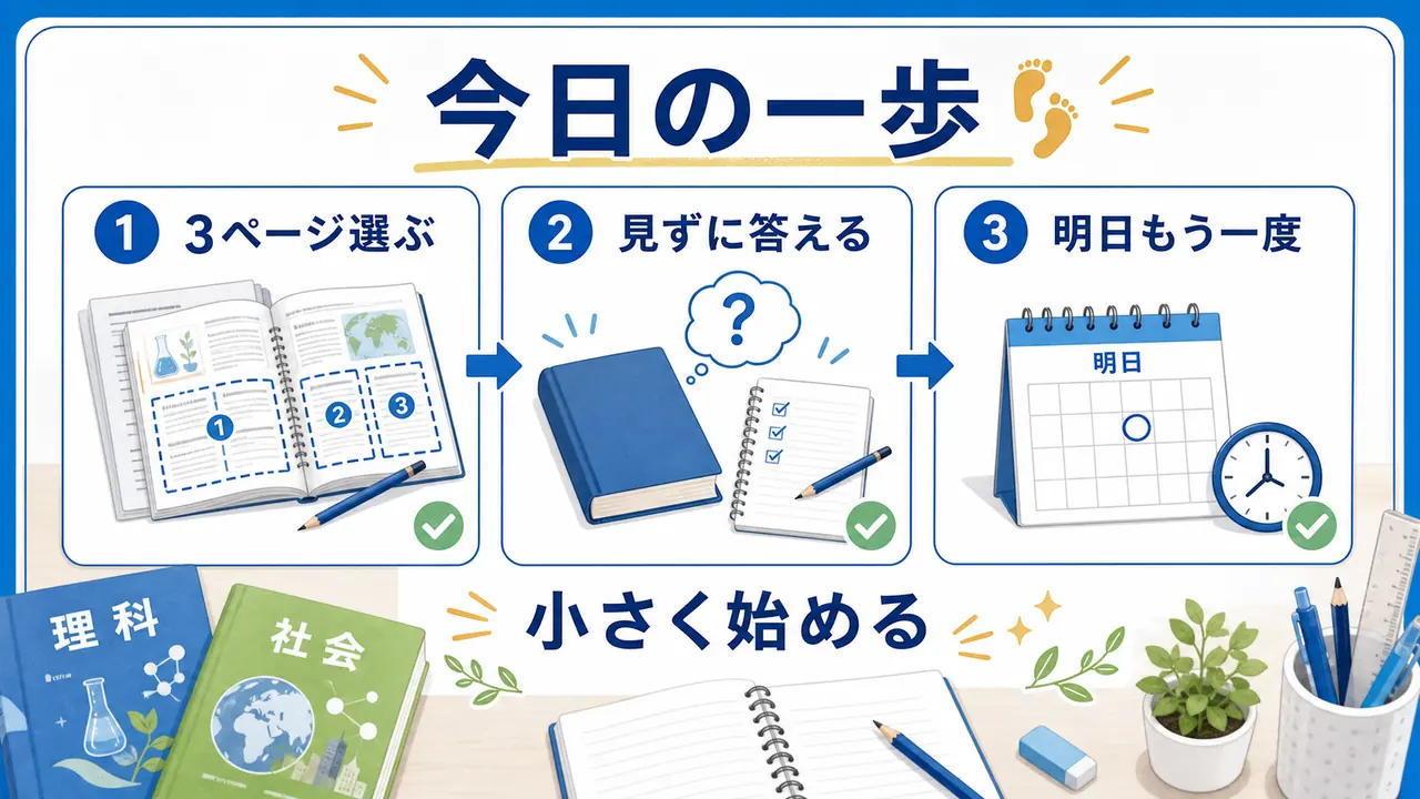 理科・社会の暗記を3ページ選ぶ、見ずに答える、明日もう一度確認する今日の一歩で示す図