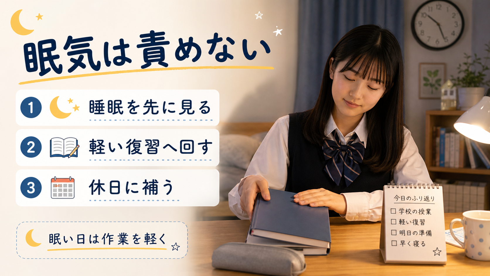 眠い日には睡眠を削らず勉強を軽くする考え方をまとめた画像