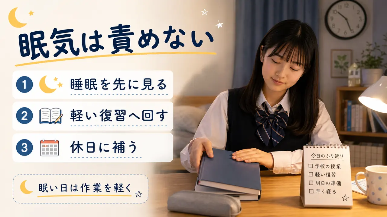 眠い日には睡眠を削らず勉強を軽くする考え方をまとめた画像