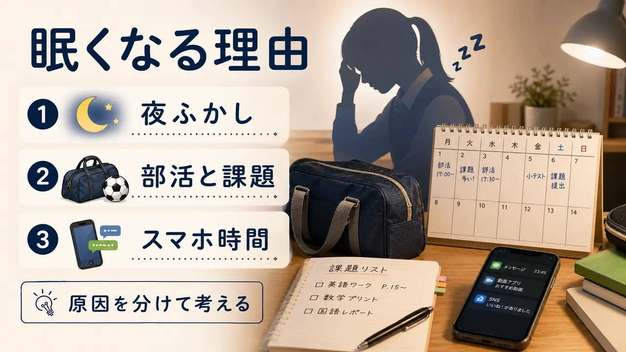中学生・高校生が眠くなる理由を夜ふかし、部活、課題、スマホに分けて示した画像