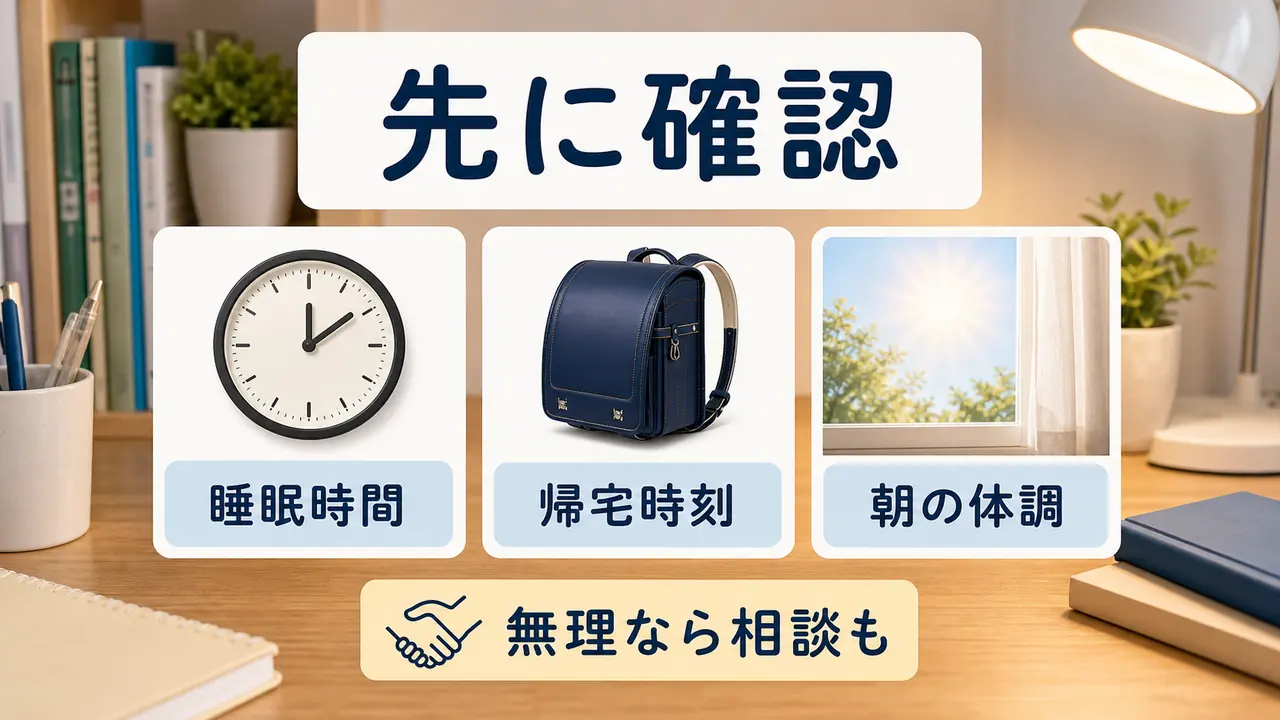 睡眠時間、帰宅時刻、朝のつらさを確認して学習計画を作る画像