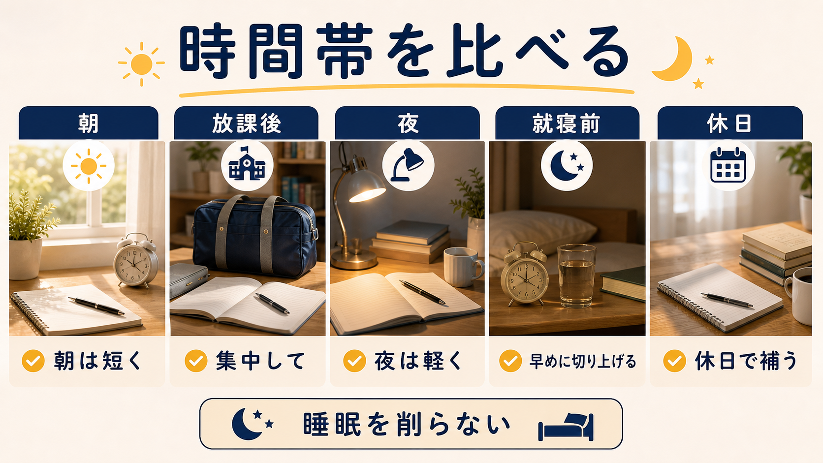 朝、帰宅後、夕食後、寝る前、休日の勉強時間を比較する画像