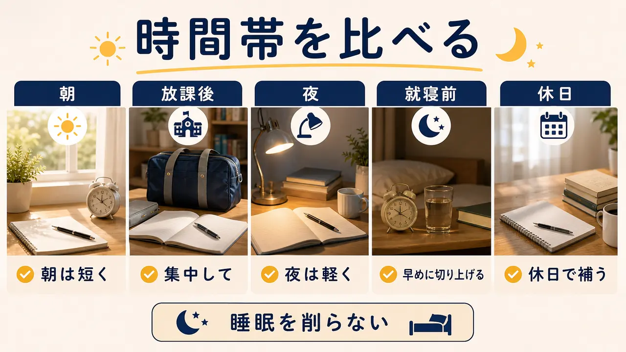 朝、帰宅後、夕食後、寝る前、休日の勉強時間を比較する画像