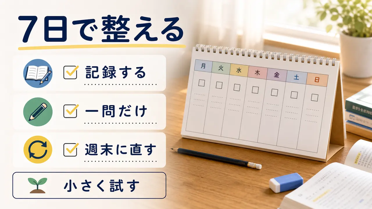 7日間で睡眠と勉強計画を立て直す手順を示した画像