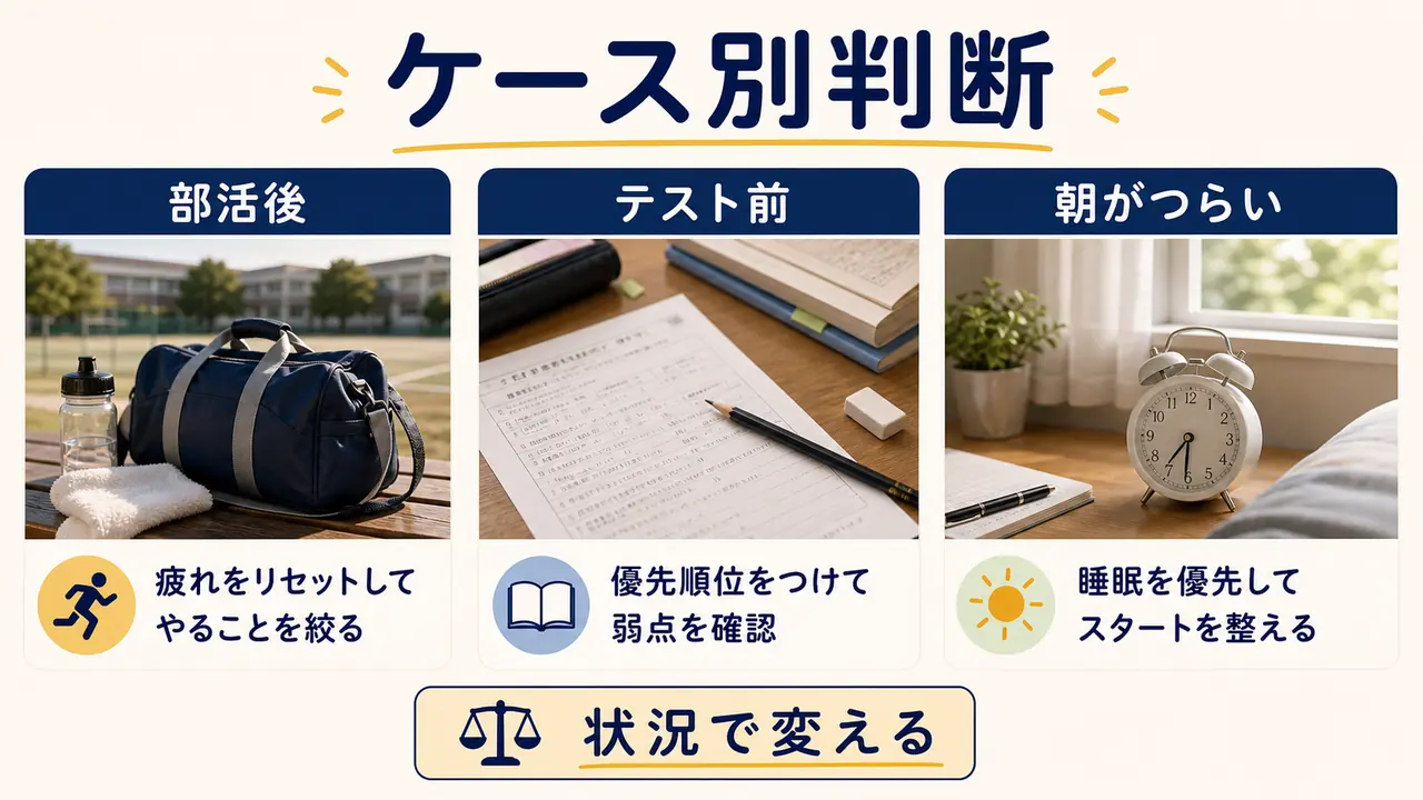 部活後、テスト前、朝がつらい場合などケース別の判断を示した画像